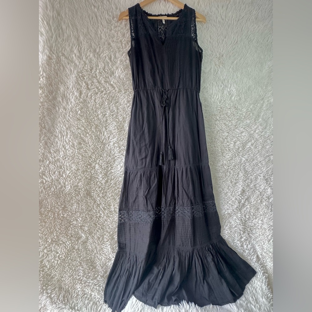 Joie Black Caspar Maxi Lace Tiered Cotton Dress